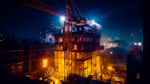 Large crane on top of building at night Generative AI