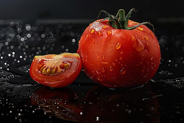 Large crimson tomato half with drops of water on a dark background Generative AI