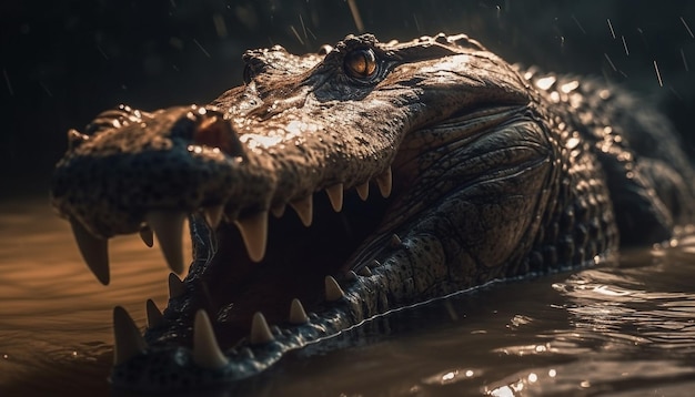 Large crocodile spooky open mouth displays aggression generated by AI