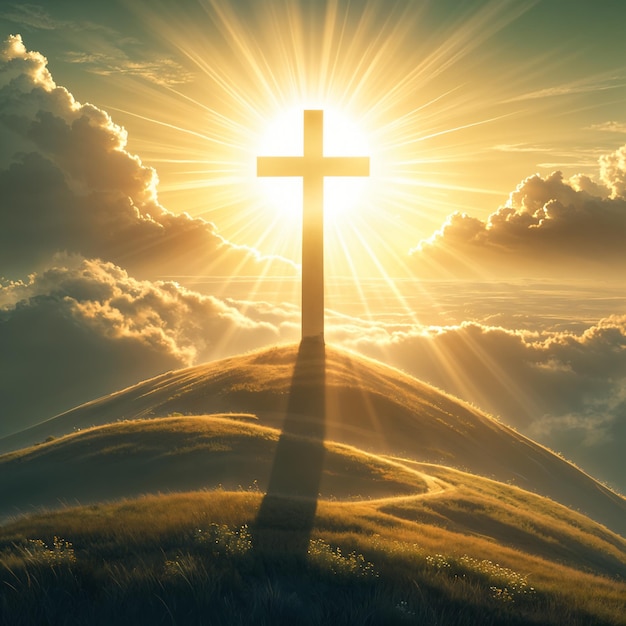 A large cross standing on top of a hill with the sun shining brightly behind it creating a halo effect around it The sky is filled with clouds adding to the dramatic atmosphere of the scene