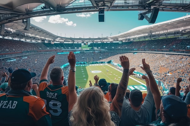 A large crowd of cheering fans in a packed stadium watch a football game A stadium filled with cheering fans wearing team jerseys