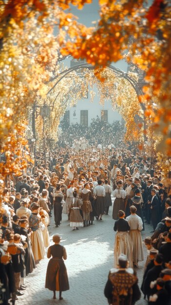 Photo a large crowd gathers in a town square under an archway of fall foliage