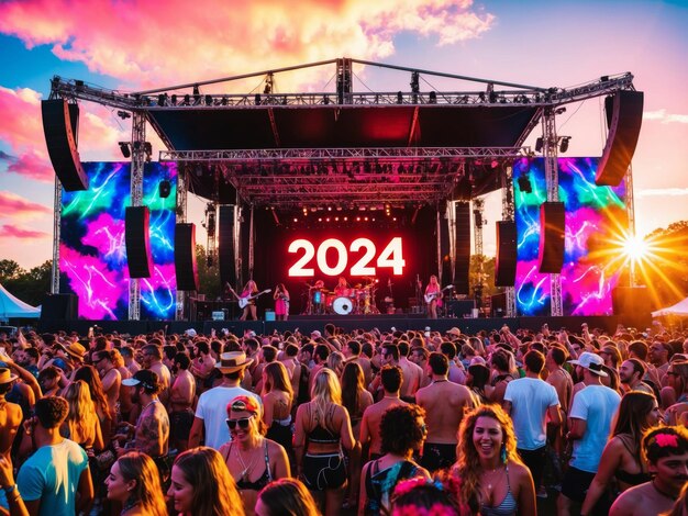 Photo large crowd at music festival with 2024 display during sunset