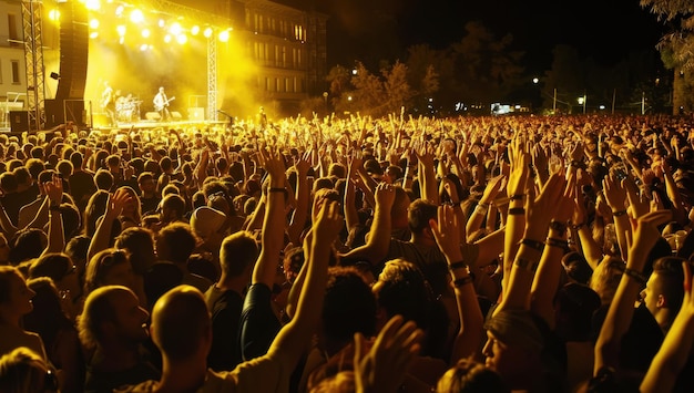 Photo large crowd at outdoor concert night yellow lights music stage raised hands