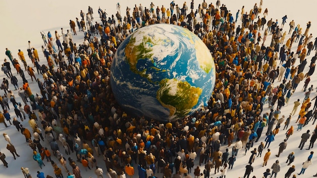 Photo a large crowd of people are gathered around a globe