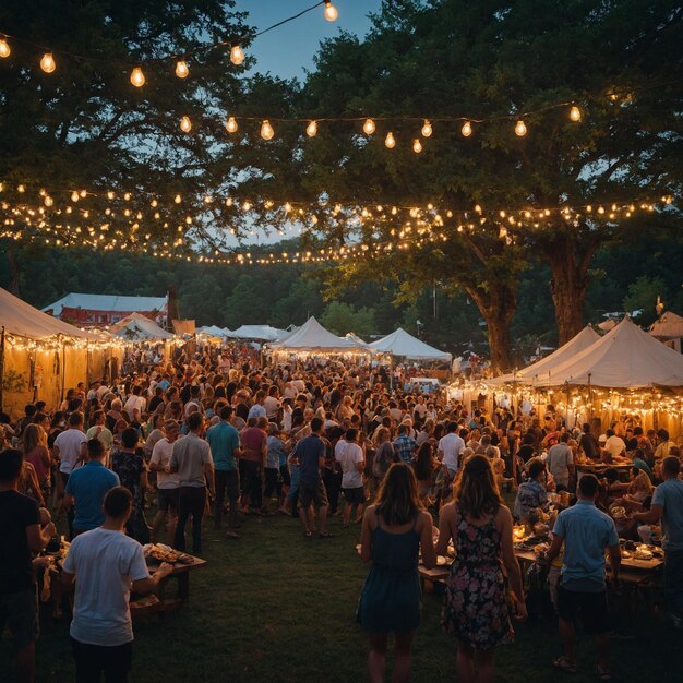 a large crowd of people are gathered under a canopy of lights