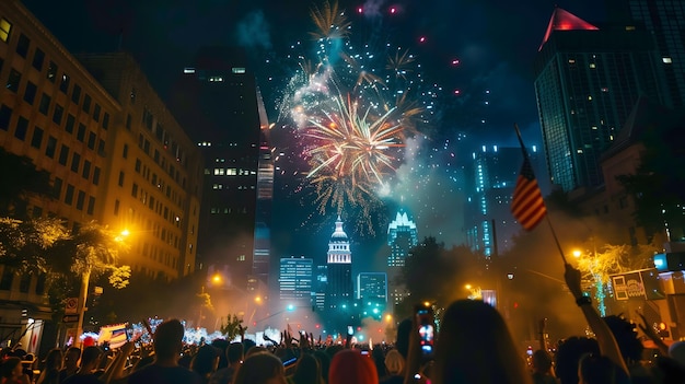 A large crowd of people are gathered in a city street watching fireworks