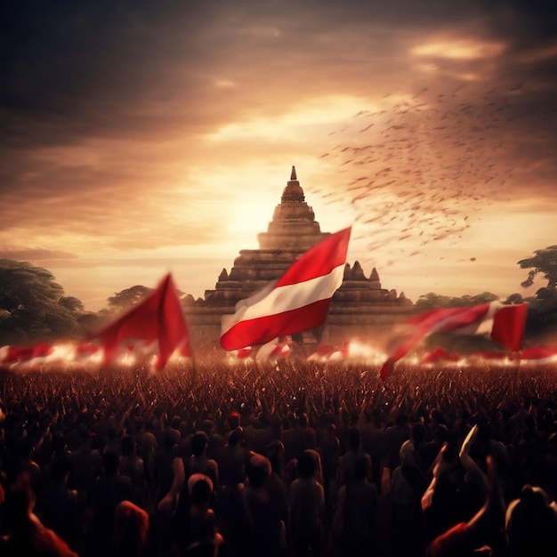 a large crowd of people are gathered in front of a temple with a red flag