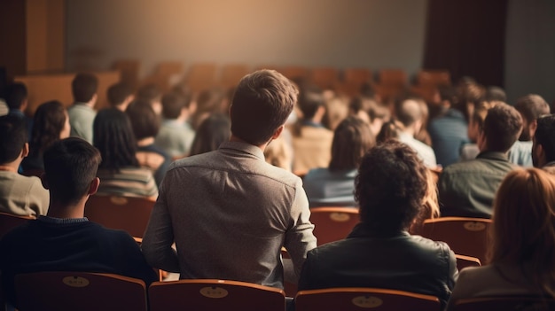 A large crowd of people are sitting in a theater