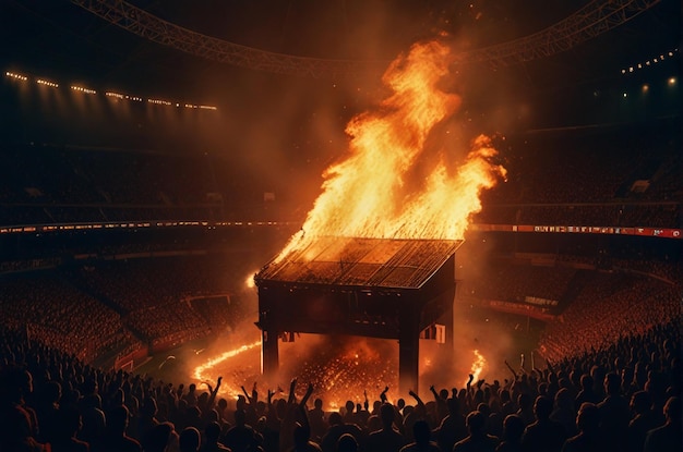 a large crowd of people are watching a large fire burning in a stadium