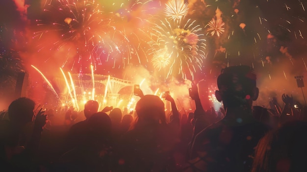 A large crowd of people gathered to watch a vibrant fireworks show in the night sky displaying