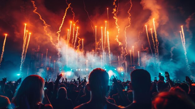 A large crowd of people gathering outdoors to watch colorful fireworks exploding in the night sky