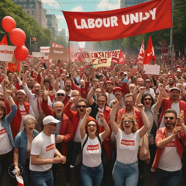 Photo a large crowd of people holding red signs that say  union unfurled