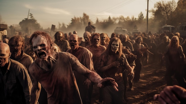 Large crowd of spooky dead zombies running and screaming Apocalypse horror and invasion concept generative AI