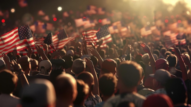 Large Crowd Waving American Flags at a Patriotic Event