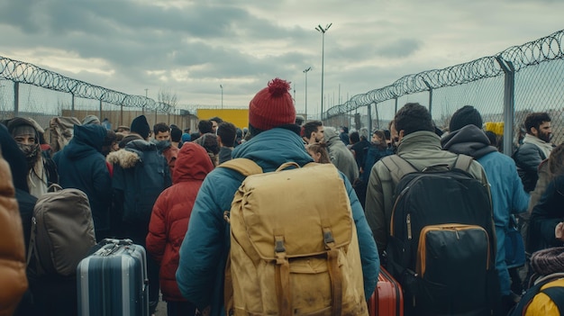 Photo large crowds of people carrying luggage gather at a border crossing facing hardships and expressing a mix of hope and despair generative ai