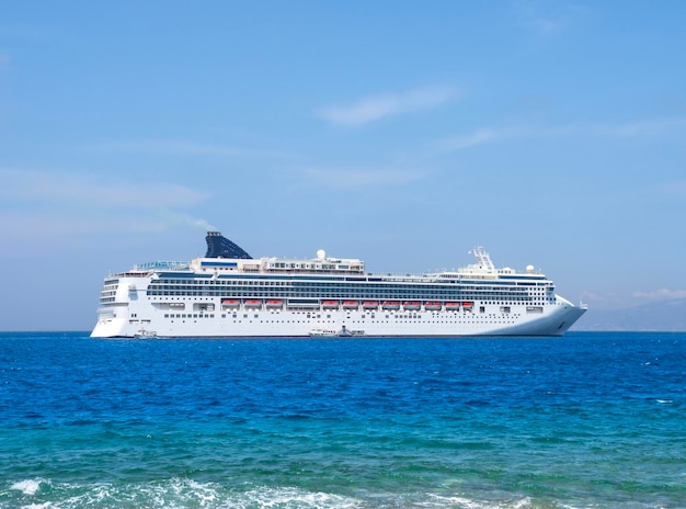 Large cruise liner in the sea port of Mykonos Island in Greece