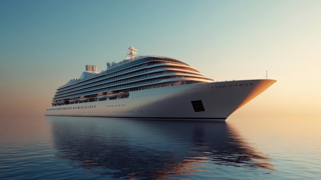 A large cruise ship anchored in calm waters during sunset