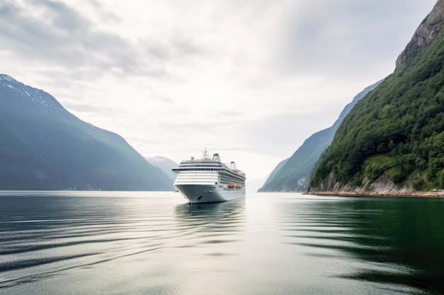 Large cruise ship in fjords Tourism vacation and summer traveling Generative AI