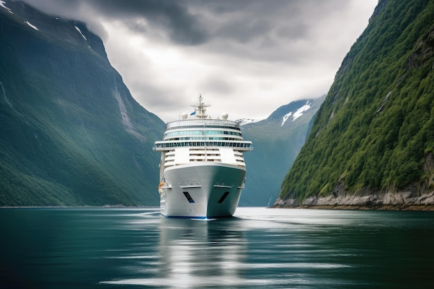 Large cruise ship in fjords Tourism vacation and summer traveling Generative AI