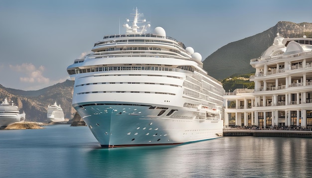 a large cruise ship is docked in the water