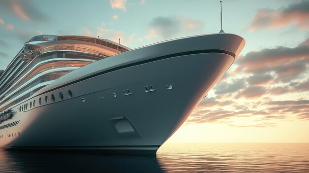 A large cruise ship39s bow against a serene sunset backdrop