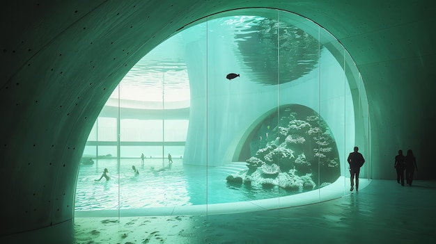 Photo a large curved window reveals an underwater scene in an aquarium