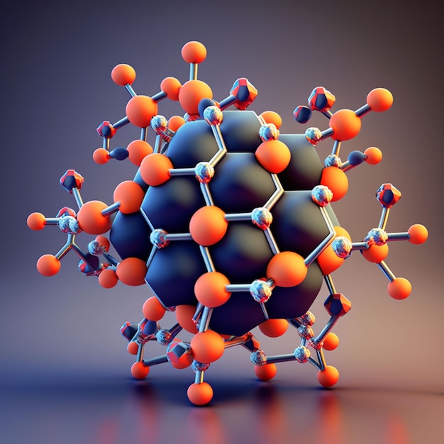 A large, dark - colored molecule made of hexagons is made of orange and black.