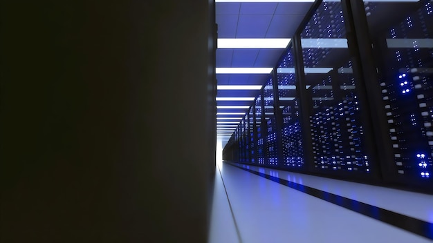 Photo a large data server room with blue colored light lit in the room