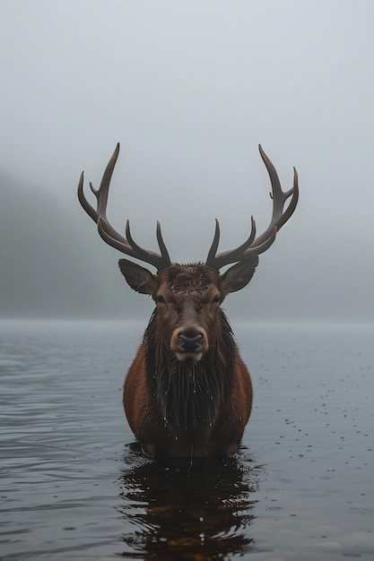 Photo a large deer with a full set of antlers stands in a still lake on a foggy day artistic print