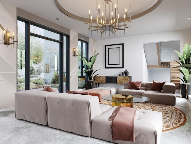 Large designer living room with beige corner sofas and ottomans with orange accents