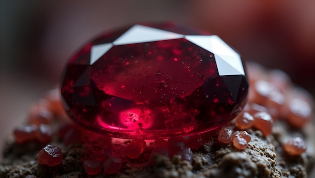 a large diamond sits on a rock with a red stone in the background