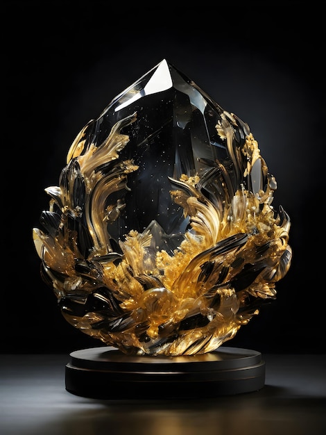 a large diamond with gold and black diamonds on a black base