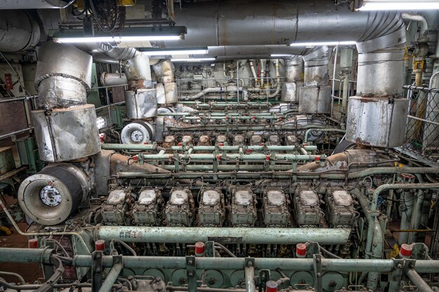 A large diesel engine with a large number of small pipes on the side.