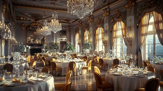 Photo a large dining room with a chandelier and chandelier