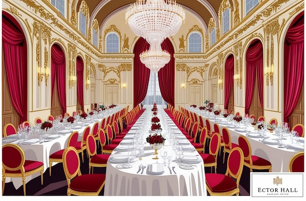 Photo a large dining room with a red curtain and a white tablecloth