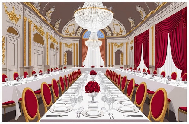 Photo a large dining room with a red and gold tablecloth