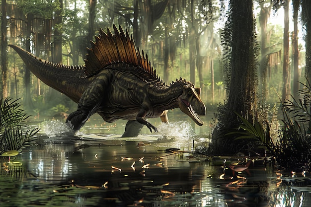 A large dinosaur is running through a forest