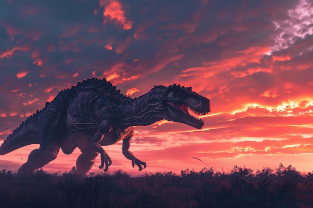 A large dinosaur is walking through a field at sunset