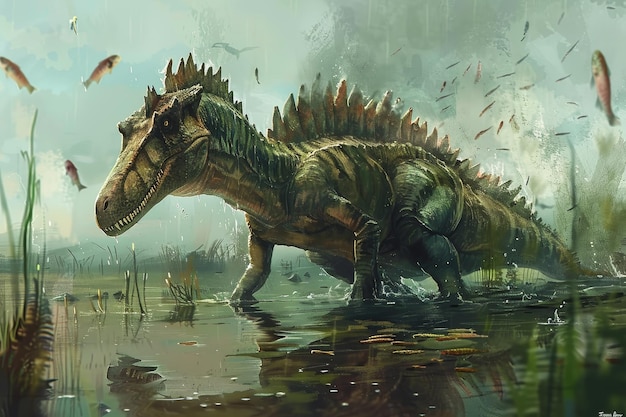 A large dinosaur is walking through a pond with fish swimming in the water