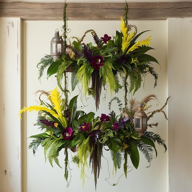 a large display of flowers and plants with a wooden frame