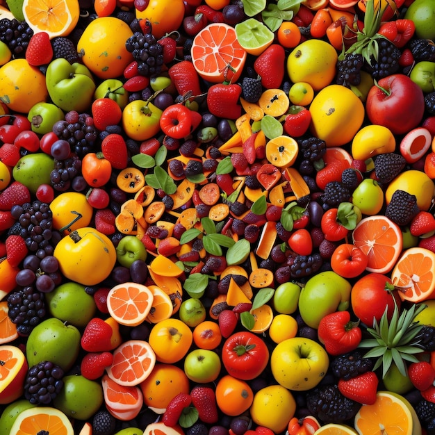 A large display of fruits including one of which is a circle of different colors