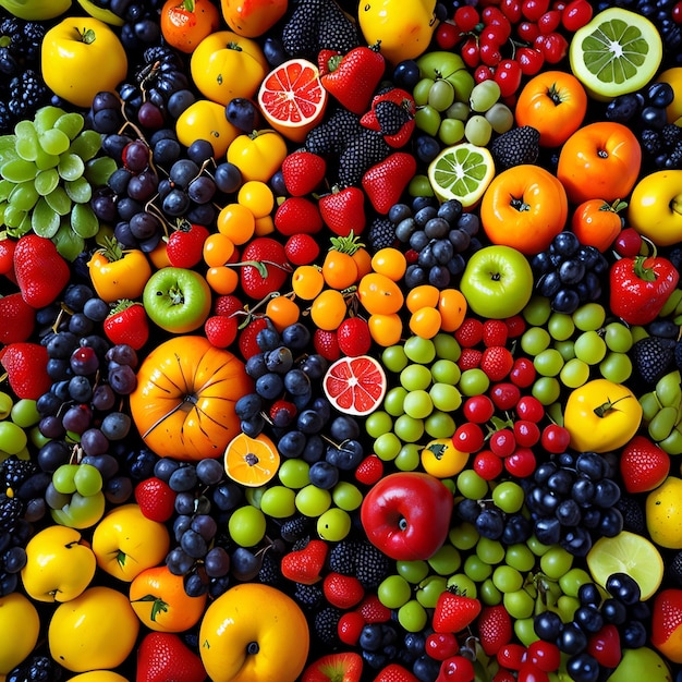 A large display of fruits including a variety of fruits.