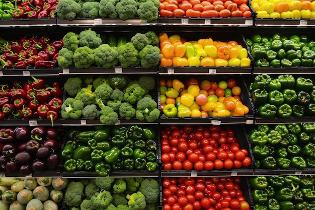 A large display of fruits and vegetables in a grocery store