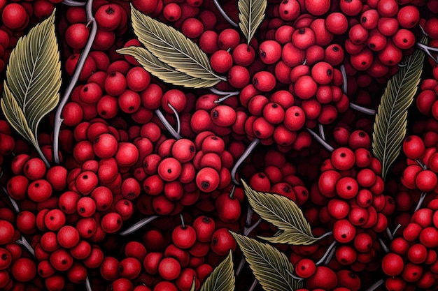 a large display of red berries with a green leaf.