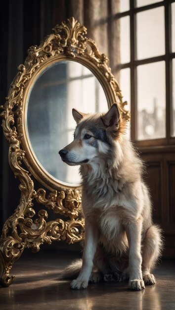 Photo large dog sitting attentively in front of ornate mirror