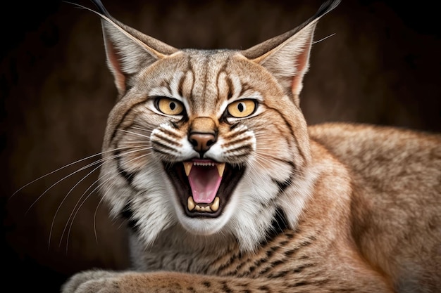 Large domestic cat in form of bobcat with wideopen mouth generative ai