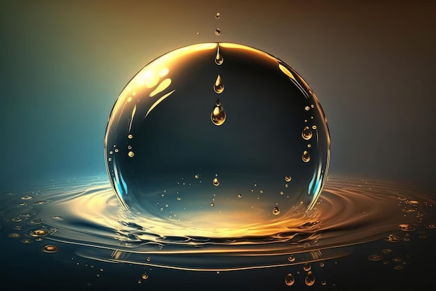 Large drop of liquid water dew oil rain beautiful round shape bright glare and shadow Generative ai