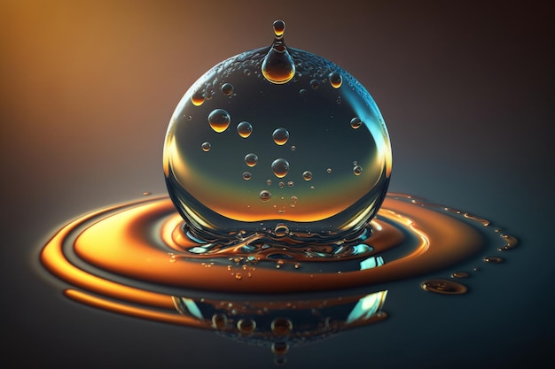 Large drop of liquid water dew oil rain beautiful round shape bright glare and shadow Generative ai