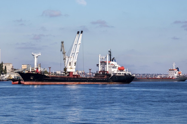 Large dry cargo ship on the roadstead of the Dnieper river